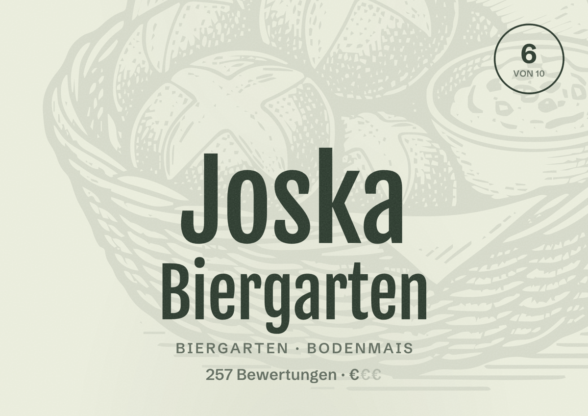 Illustriertes Poster von Joska Biergarten, Biergarten in Bodenmais: Bewertung 6 von 10 aus 257 Bewertungen, Preisniveau €