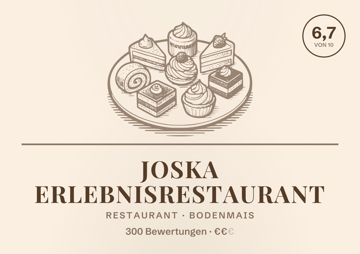 Illustriertes Poster von Joska Erlebnisrestaurant, Restaurant in Bodenmais: Bewertung 6,7 von 10 aus 300 Bewertungen, Preisniveau €€