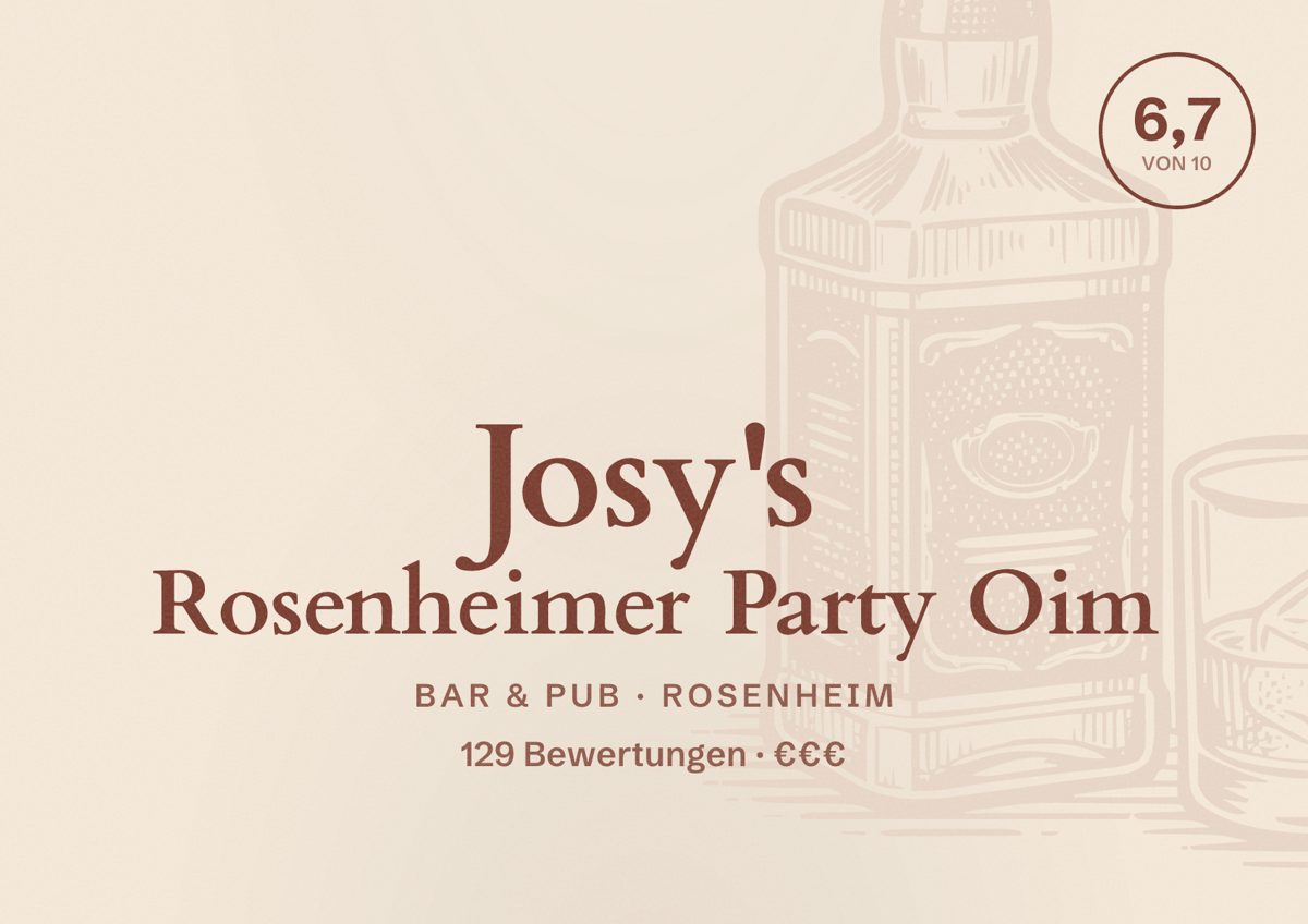 Illustriertes Poster von Josy's Rosenheimer Party Oim, Bar & Pub in Rosenheim: Bewertung 6,7 von 10 aus 129 Bewertungen, Preisniveau €€€
