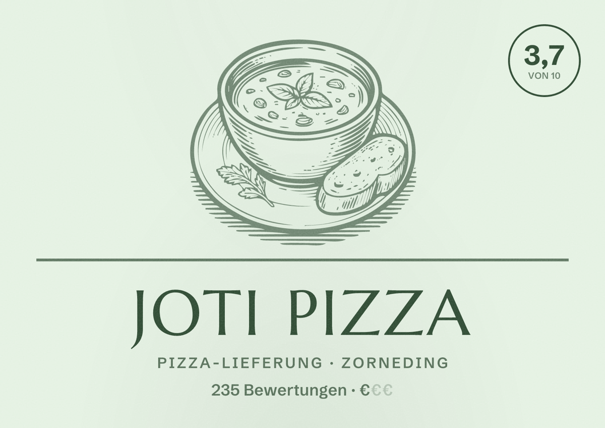 Illustriertes Poster von Joti Pizza, Pizza-Lieferung in Zorneding: Bewertung 3,7 von 10 aus 235 Bewertungen, Preisniveau €