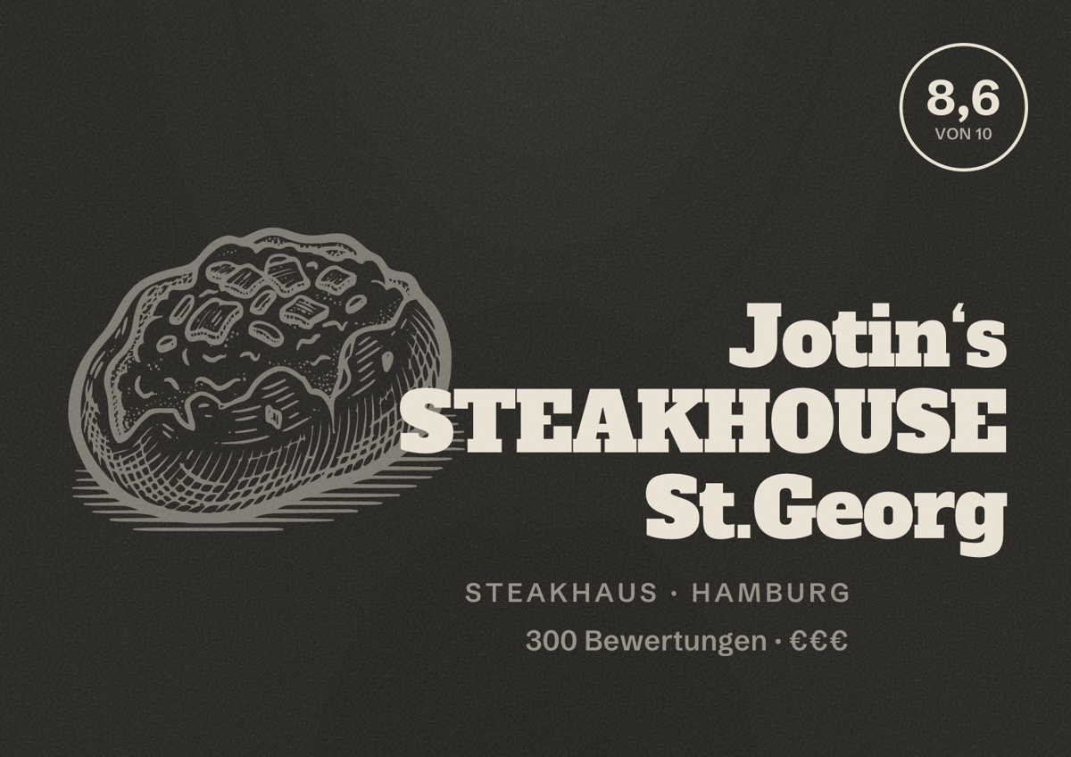 Illustriertes Poster von Jotin‘s STEAKHOUSE St.Georg, Steakhaus in Hamburg: Bewertung 8,6 von 10 aus 300 Bewertungen, Preisniveau €€€