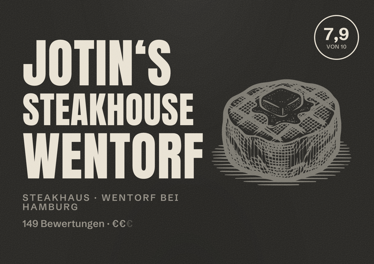 Illustriertes Poster von Jotin‘s STEAKHOUSE Wentorf, Steakhaus in Wentorf bei Hamburg: Bewertung 7,9 von 10 aus 149 Bewertungen, Preisniveau €€