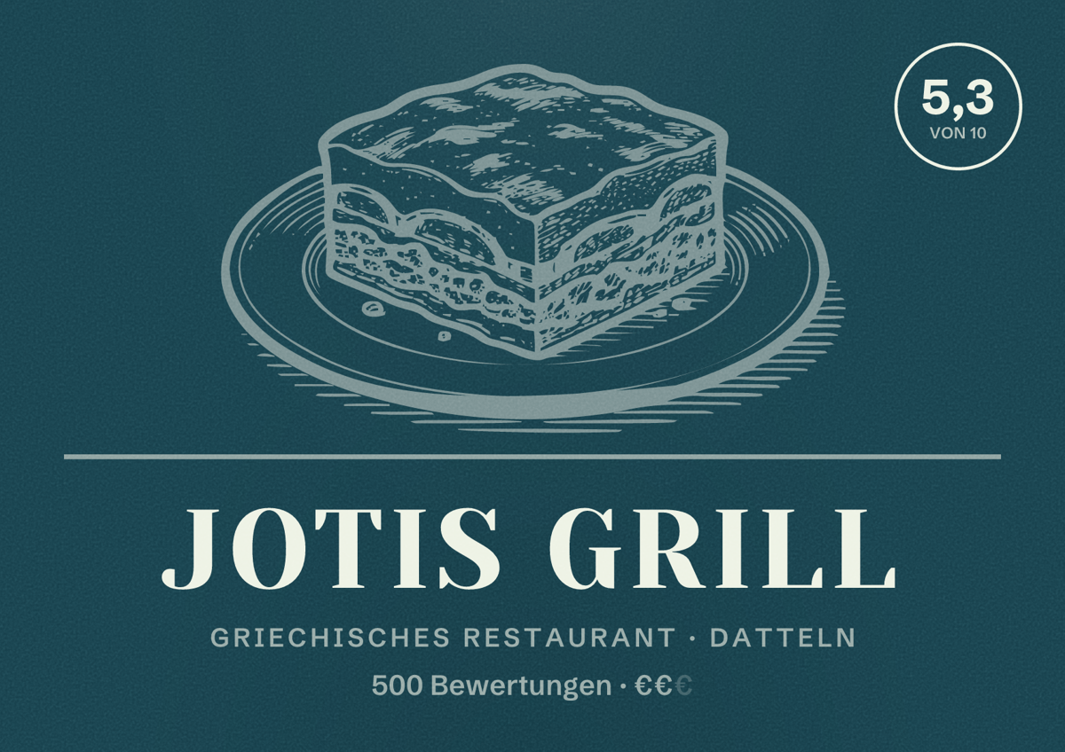 Illustriertes Poster von Jotis Grill, Griechisches Restaurant in Datteln: Bewertung 5,3 von 10 aus 500 Bewertungen, Preisniveau €€