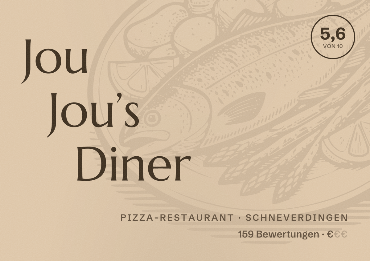 Illustriertes Poster von Jou Jou’s Diner, Pizza-Restaurant in Schneverdingen: Bewertung 5,6 von 10 aus 159 Bewertungen, Preisniveau €