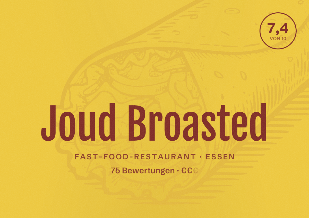 Illustriertes Poster von Joud Broasted, Fast-Food-Restaurant in Essen: Bewertung 7,4 von 10 aus 75 Bewertungen, Preisniveau €€