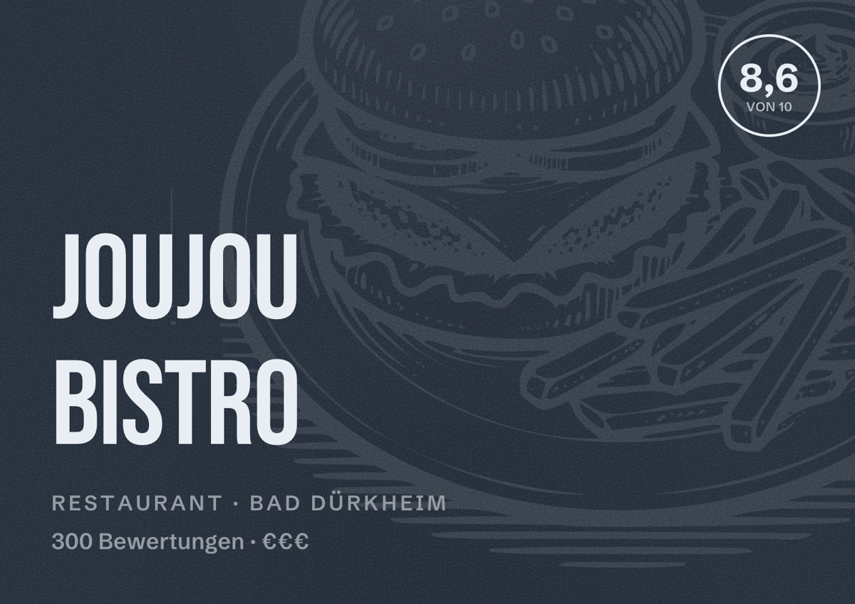 Illustriertes Poster von Joujou Bistro, Restaurant in Bad Dürkheim: Bewertung 8,6 von 10 aus 300 Bewertungen, Preisniveau €€€