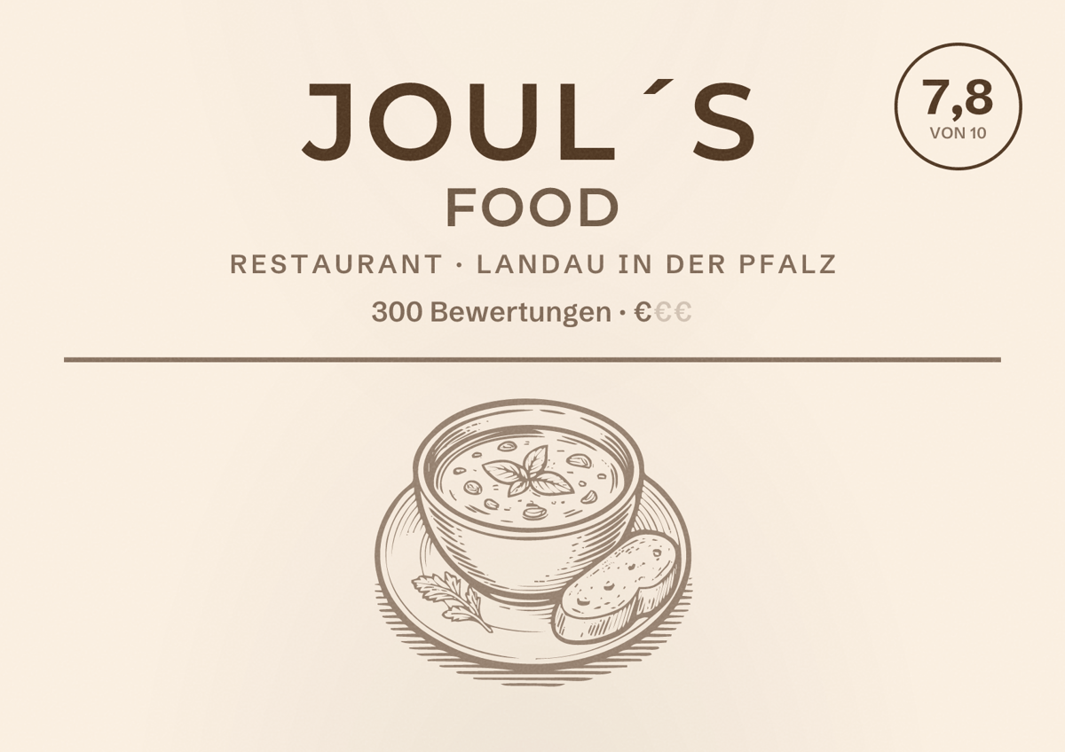 Illustriertes Poster von Joul´s Food, Restaurant in Landau in der Pfalz: Bewertung 7,8 von 10 aus 300 Bewertungen, Preisniveau €