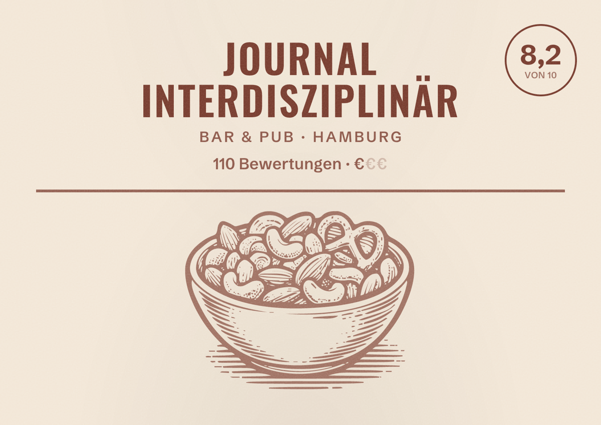 Illustriertes Poster von Journal Interdisziplinär, Bar & Pub in Hamburg: Bewertung 8,2 von 10 aus 110 Bewertungen, Preisniveau €