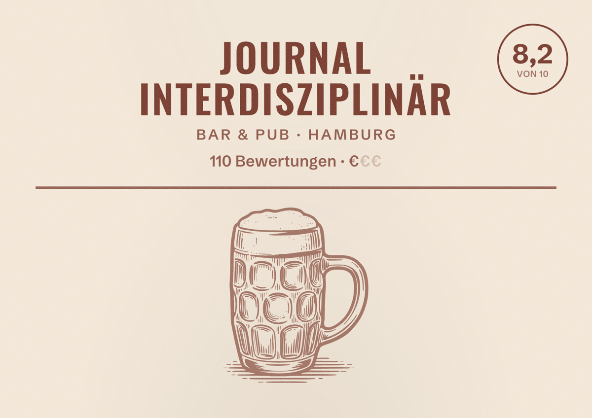 Illustriertes Poster von Journal Interdisziplinär, Bar & Pub in Hamburg: Bewertung 8,2 von 10 aus 110 Bewertungen, Preisniveau €