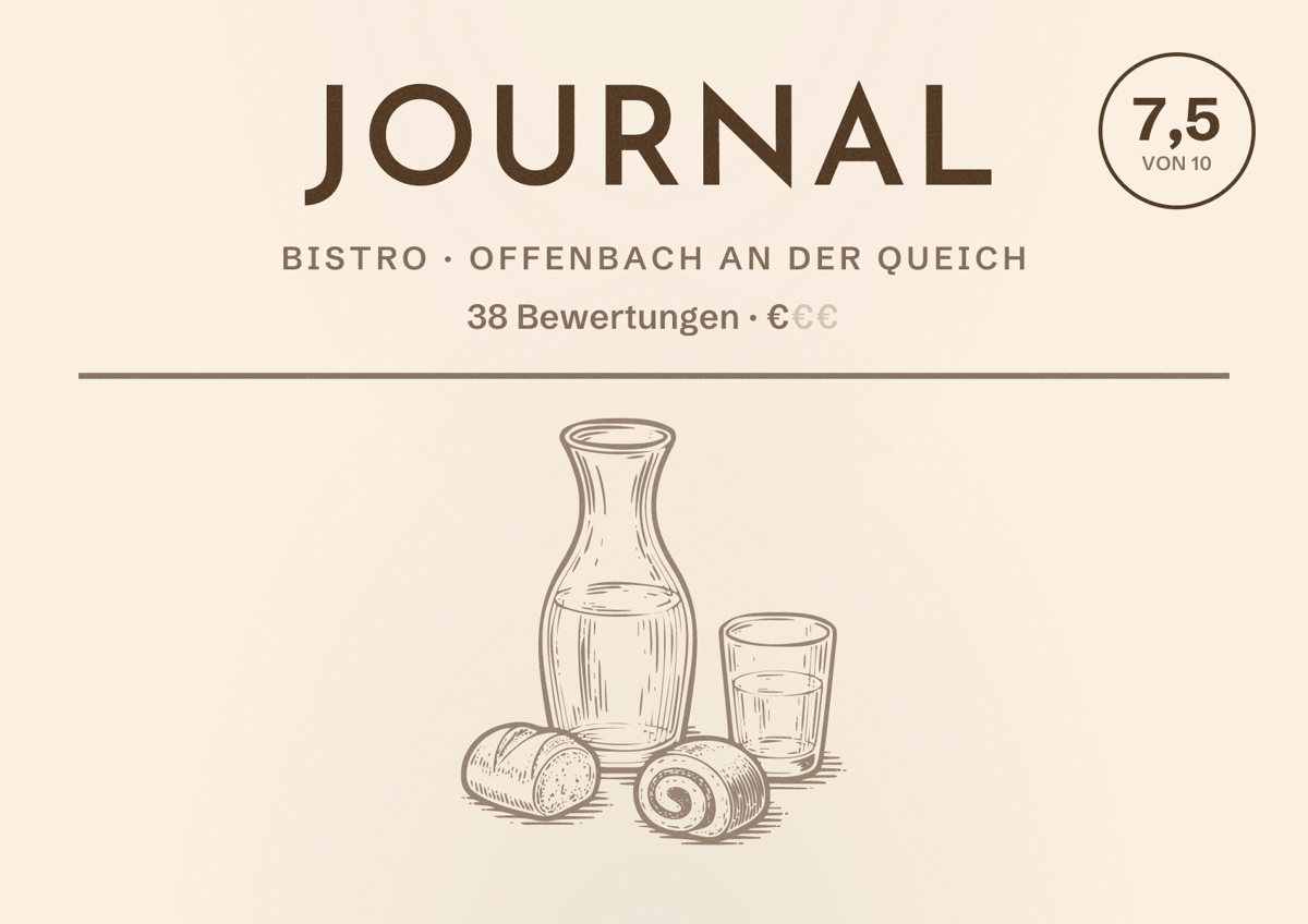 Illustriertes Poster von Journal, Bistro in Offenbach an der Queich: Bewertung 7,5 von 10 aus 38 Bewertungen, Preisniveau €