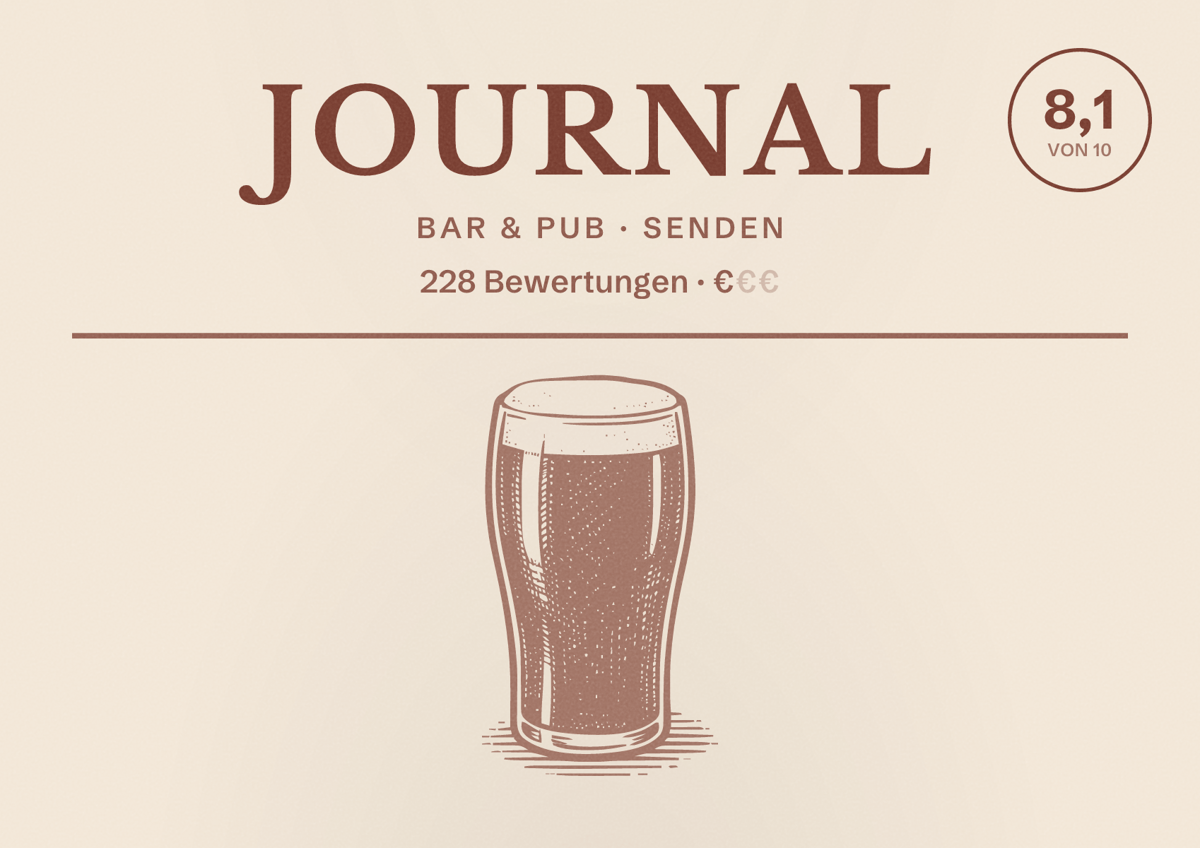 Illustriertes Poster von Journal, Bar & Pub in Senden: Bewertung 8,1 von 10 aus 228 Bewertungen, Preisniveau €
