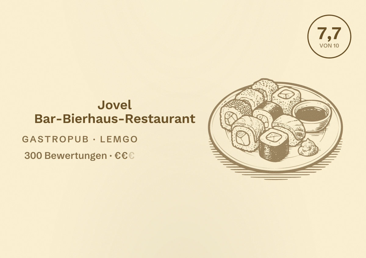 Illustriertes Poster von Jovel Bar-Bierhaus-Restaurant, Gastropub in Lemgo: Bewertung 7,7 von 10 aus 300 Bewertungen, Preisniveau €€