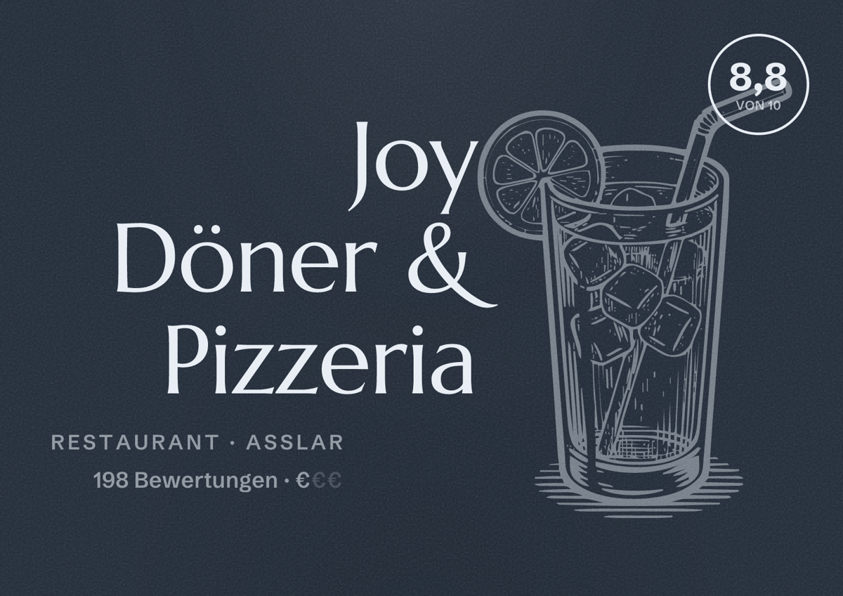 Illustriertes Poster von Joy Döner & Pizzeria, Restaurant in Aßlar: Bewertung 8,8 von 10 aus 198 Bewertungen, Preisniveau €