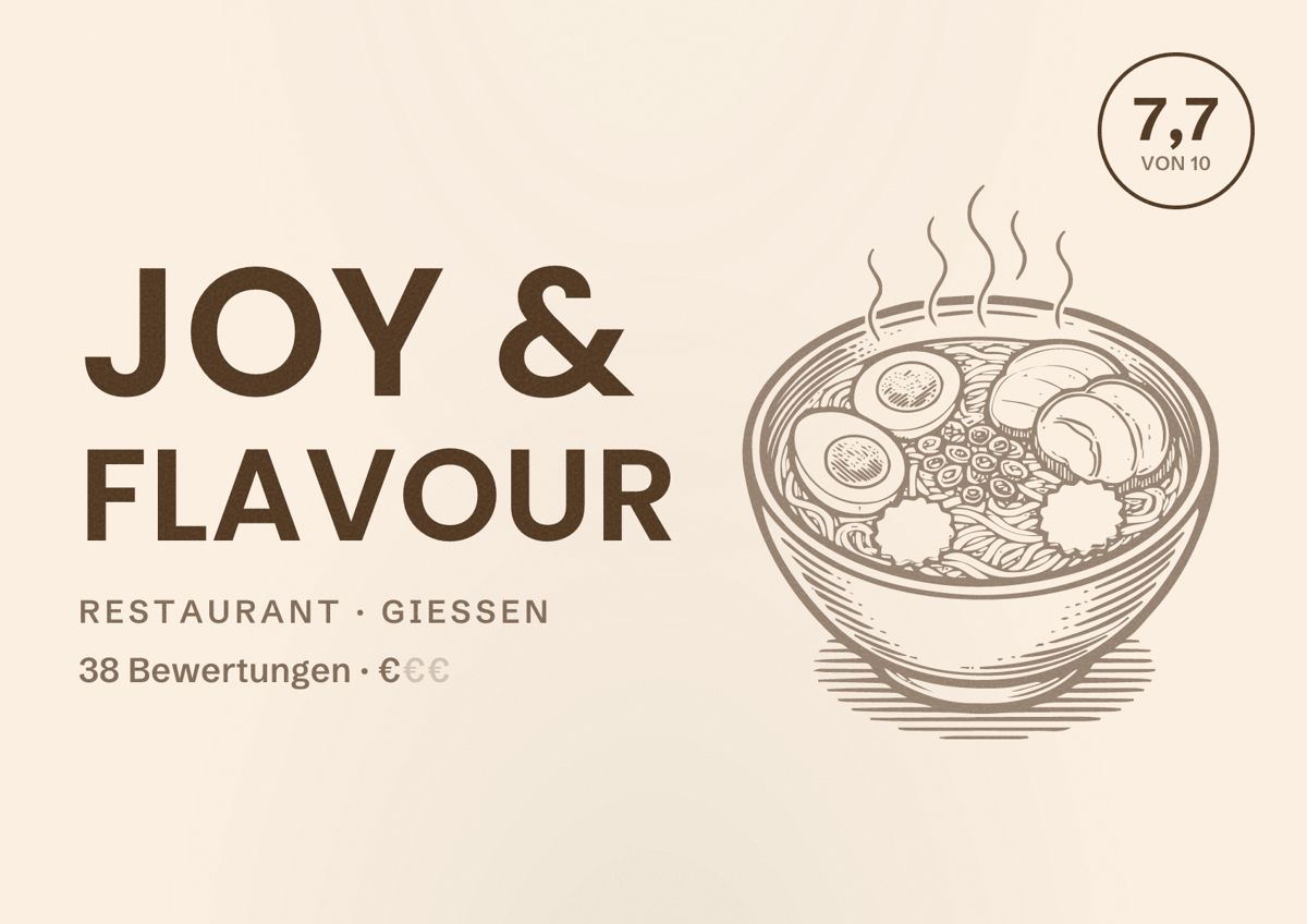 Illustriertes Poster von Joy & Flavour, Restaurant in Gießen: Bewertung 7,7 von 10 aus 38 Bewertungen, Preisniveau €