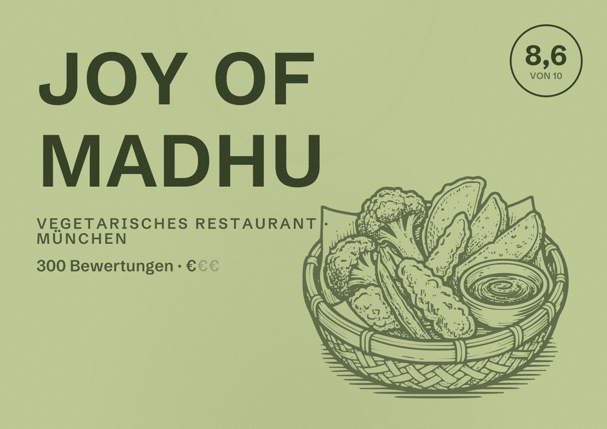 Illustriertes Poster von JOY OF MADHU, Vegetarisches Restaurant in München: Bewertung 8,6 von 10 aus 300 Bewertungen, Preisniveau €