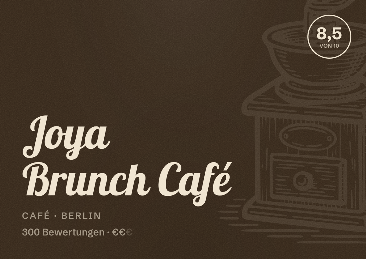 Illustriertes Poster von Joya Brunch Café, Café in Berlin: Bewertung 8,5 von 10 aus 300 Bewertungen, Preisniveau €€