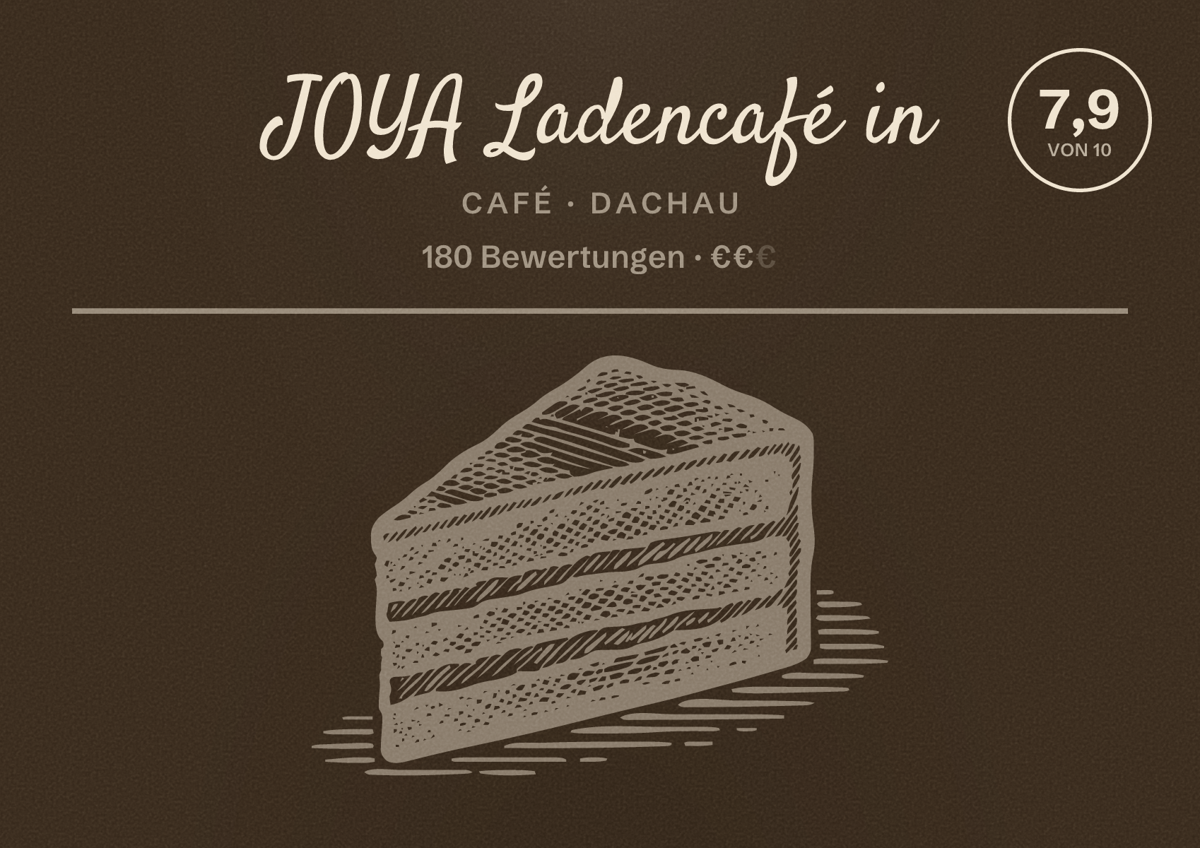 Illustriertes Poster von JOYA Ladencafé in, Café in Dachau: Bewertung 7,9 von 10 aus 180 Bewertungen, Preisniveau €€