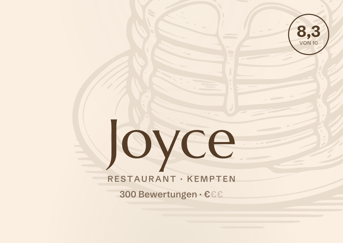 Illustriertes Poster von Joyce, Restaurant in Kempten: Bewertung 8,3 von 10 aus 300 Bewertungen, Preisniveau €