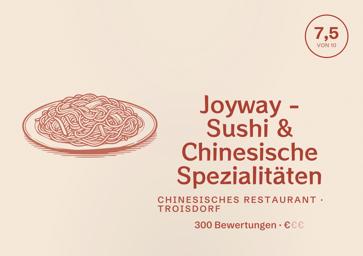 Illustriertes Poster von Joyway - Sushi & Chinesische Spezialitäten, Chinesisches Restaurant in Troisdorf: Bewertung 7,5 von 10 aus 300 Bewertungen, Preisniveau €