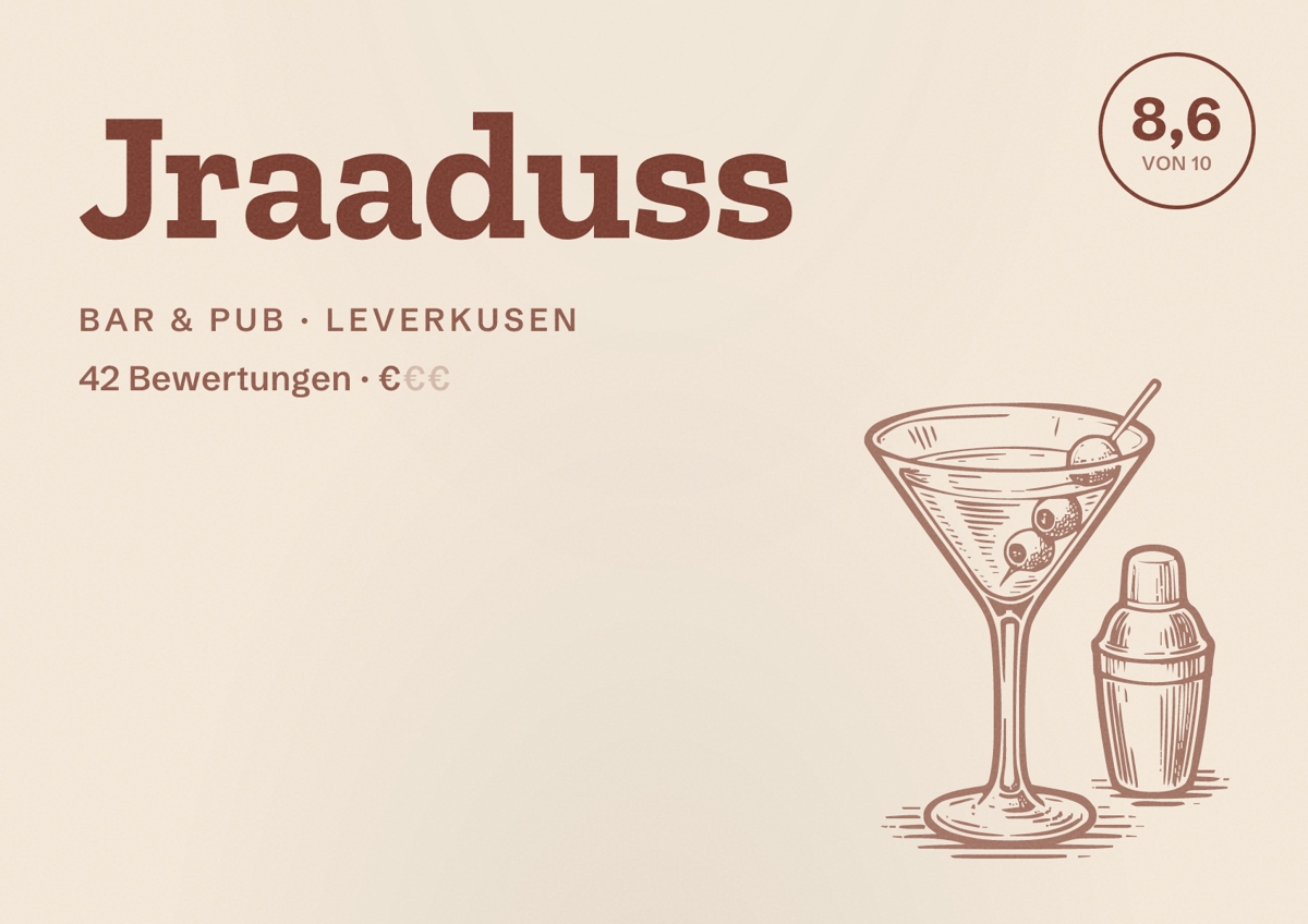Illustriertes Poster von Jraaduss, Bar & Pub in Leverkusen: Bewertung 8,6 von 10 aus 42 Bewertungen, Preisniveau €