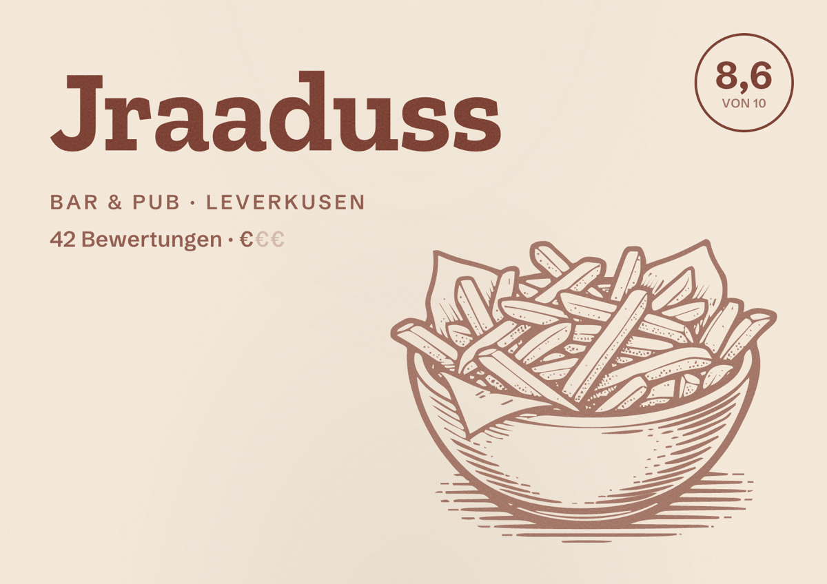 Illustriertes Poster von Jraaduss, Bar & Pub in Leverkusen: Bewertung 8,6 von 10 aus 42 Bewertungen, Preisniveau €