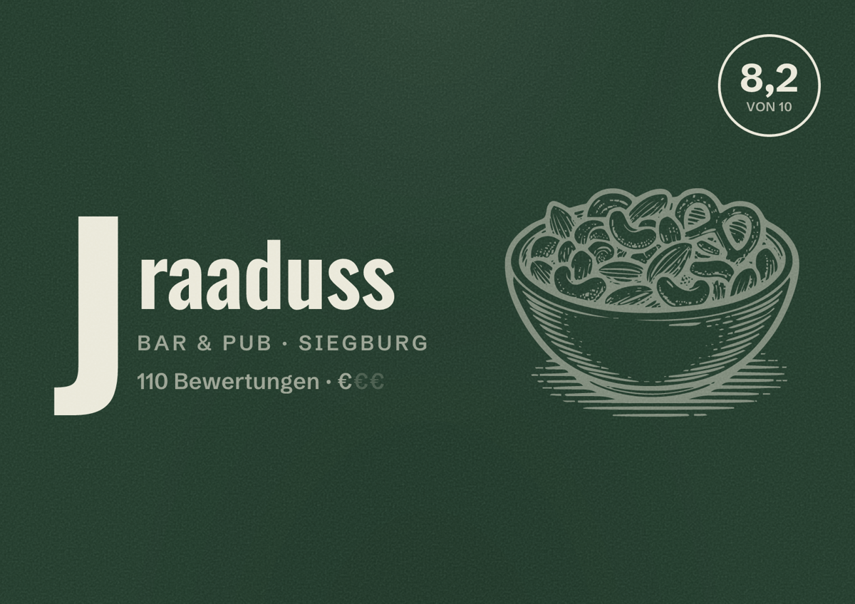 Illustriertes Poster von Jraaduss, Bar & Pub in Siegburg: Bewertung 8,2 von 10 aus 110 Bewertungen, Preisniveau €