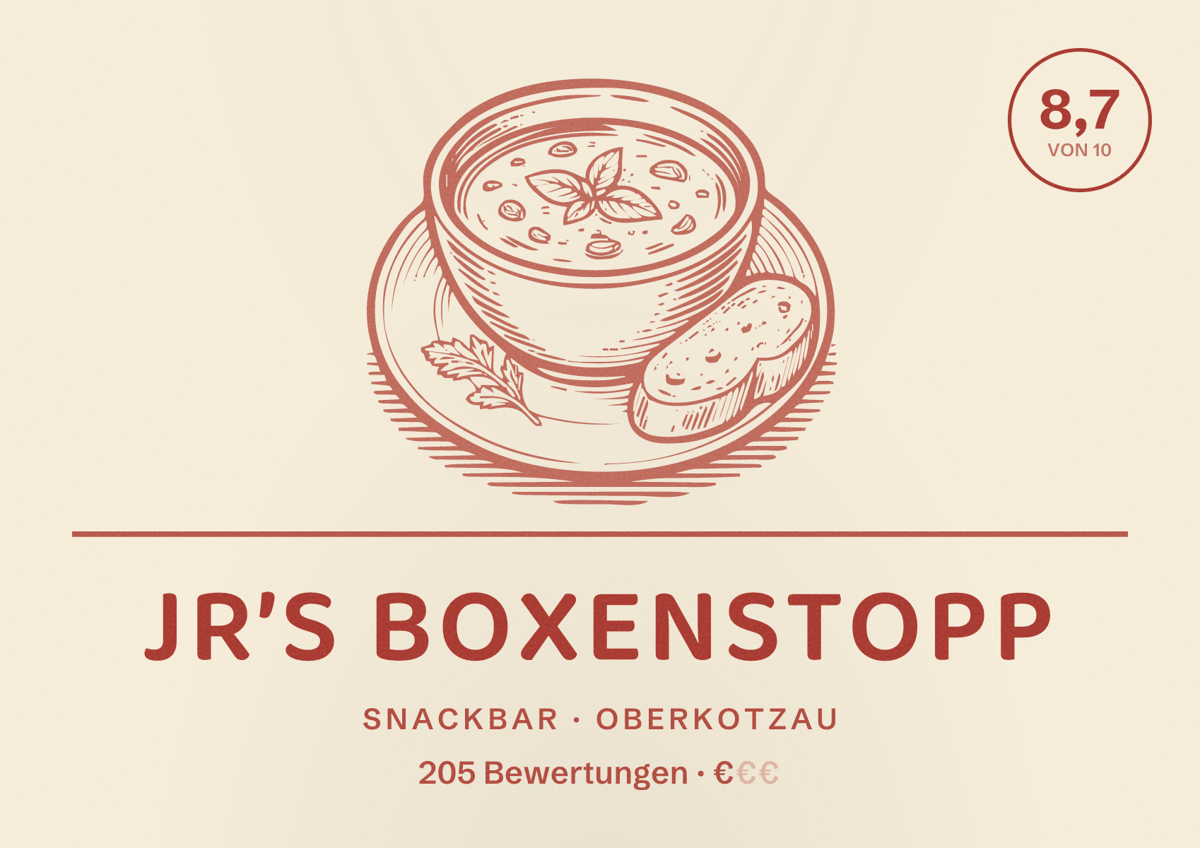 Illustriertes Poster von JR’s Boxenstopp, Snackbar in Oberkotzau: Bewertung 8,7 von 10 aus 205 Bewertungen, Preisniveau €