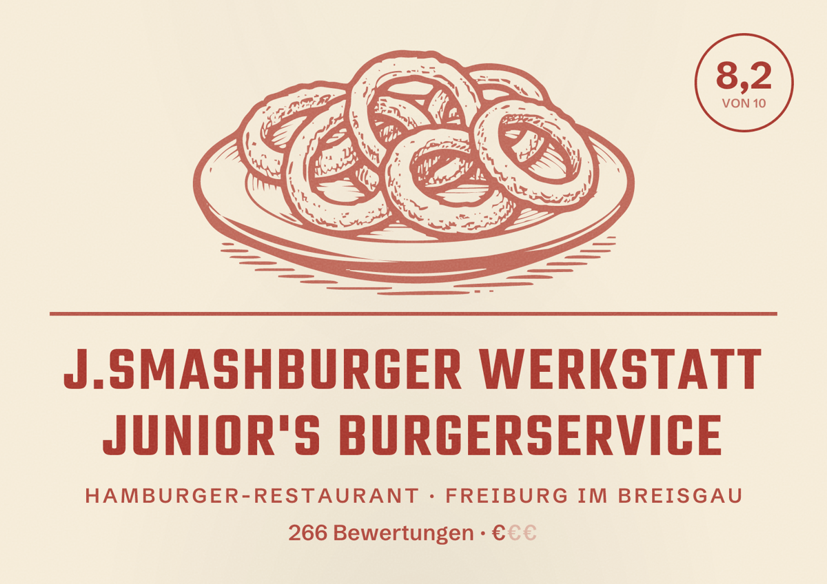 Illustriertes Poster von J.Smashburger Werkstatt Junior's Burgerservice, Hamburger-Restaurant in Freiburg im Breisgau: Bewertung 8,2 von 10 aus 266 Bewertungen, Preisniveau €