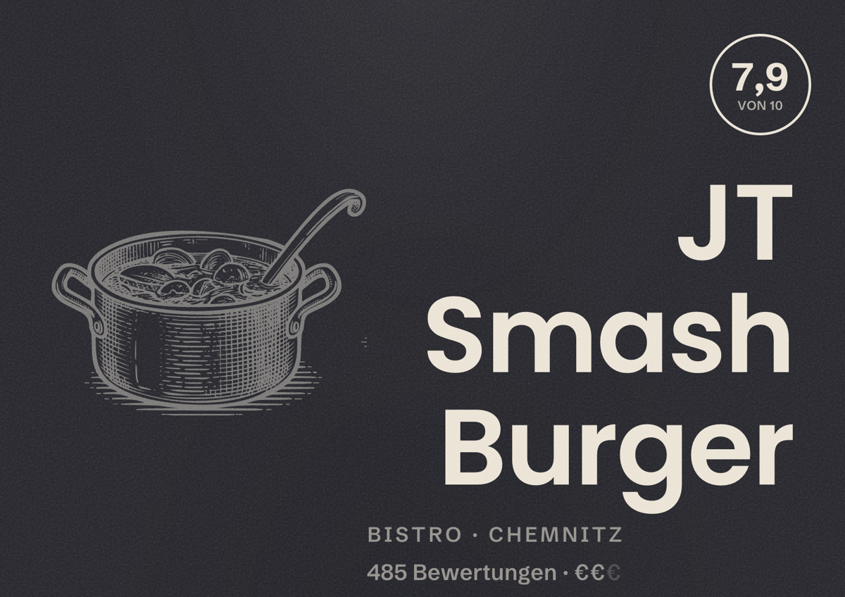 Illustriertes Poster von JT Smash Burger, Bistro in Chemnitz: Bewertung 7,9 von 10 aus 485 Bewertungen, Preisniveau €€