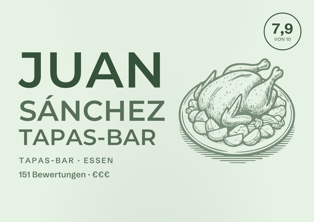 Illustriertes Poster von Juan Sánchez tapas-bar, Tapas-Bar in Essen: Bewertung 7,9 von 10 aus 151 Bewertungen, Preisniveau €€€