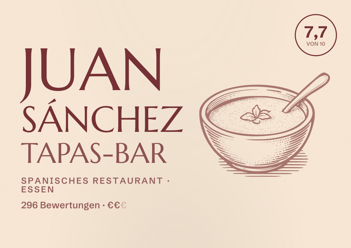 Illustriertes Poster von Juan Sánchez tapas-bar, Spanisches Restaurant in Essen: Bewertung 7,7 von 10 aus 296 Bewertungen, Preisniveau €€