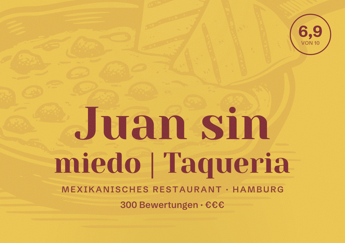 Illustriertes Poster von Juan sin miedo | Taqueria, Mexikanisches Restaurant in Hamburg: Bewertung 6,9 von 10 aus 300 Bewertungen, Preisniveau €€€