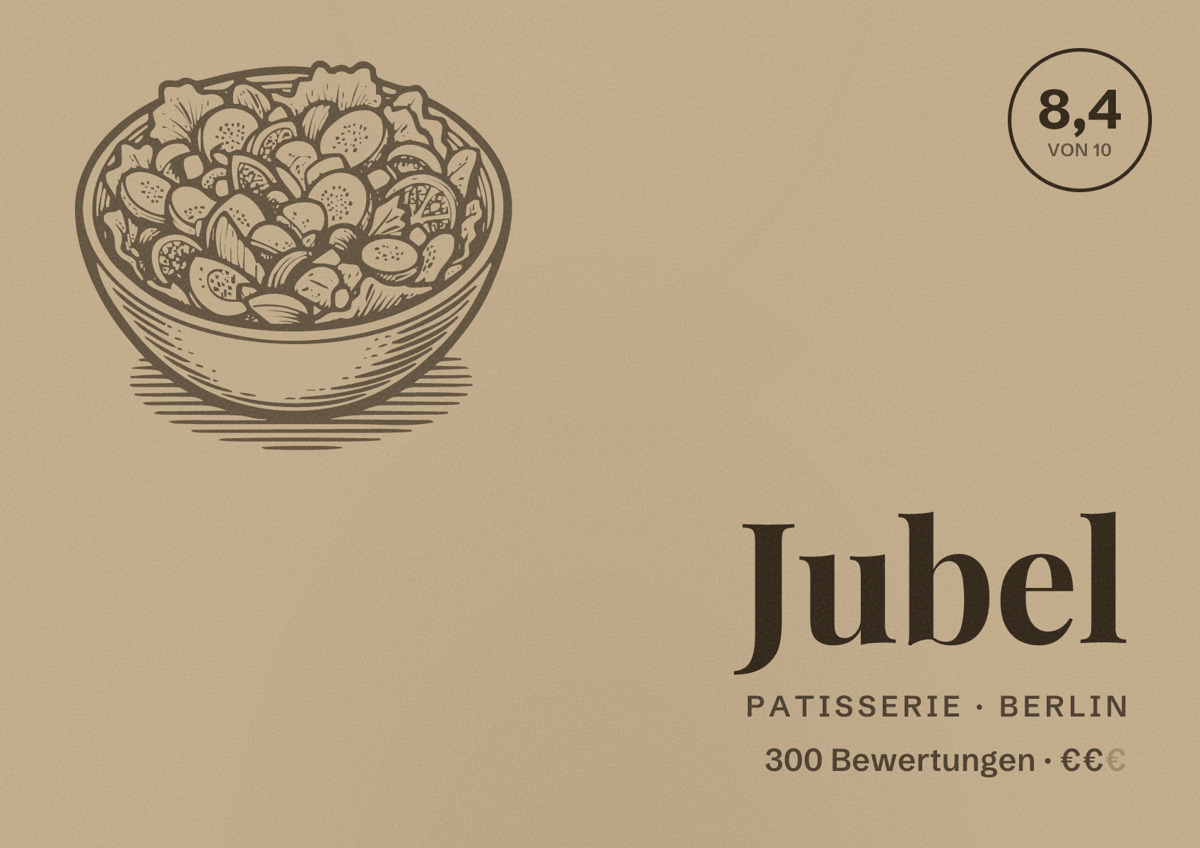 Illustriertes Poster von Jubel, Patisserie in Berlin: Bewertung 8,4 von 10 aus 300 Bewertungen, Preisniveau €€