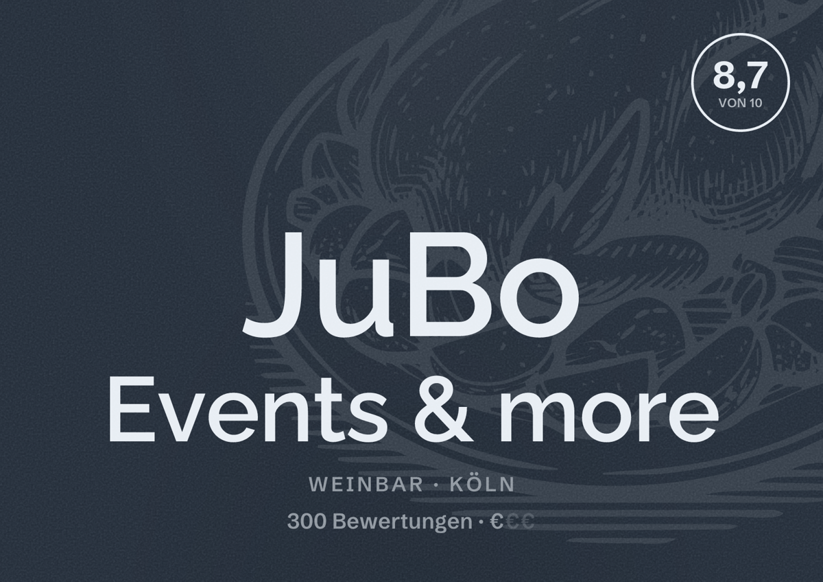 Illustriertes Poster von JuBo Events & more, Weinbar in Köln: Bewertung 8,7 von 10 aus 300 Bewertungen, Preisniveau €