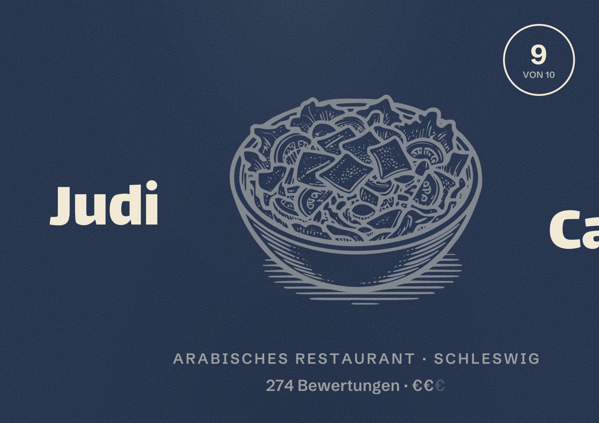 Illustriertes Poster von Judi Café, Arabisches Restaurant in Schleswig: Bewertung 9 von 10 aus 274 Bewertungen, Preisniveau €€