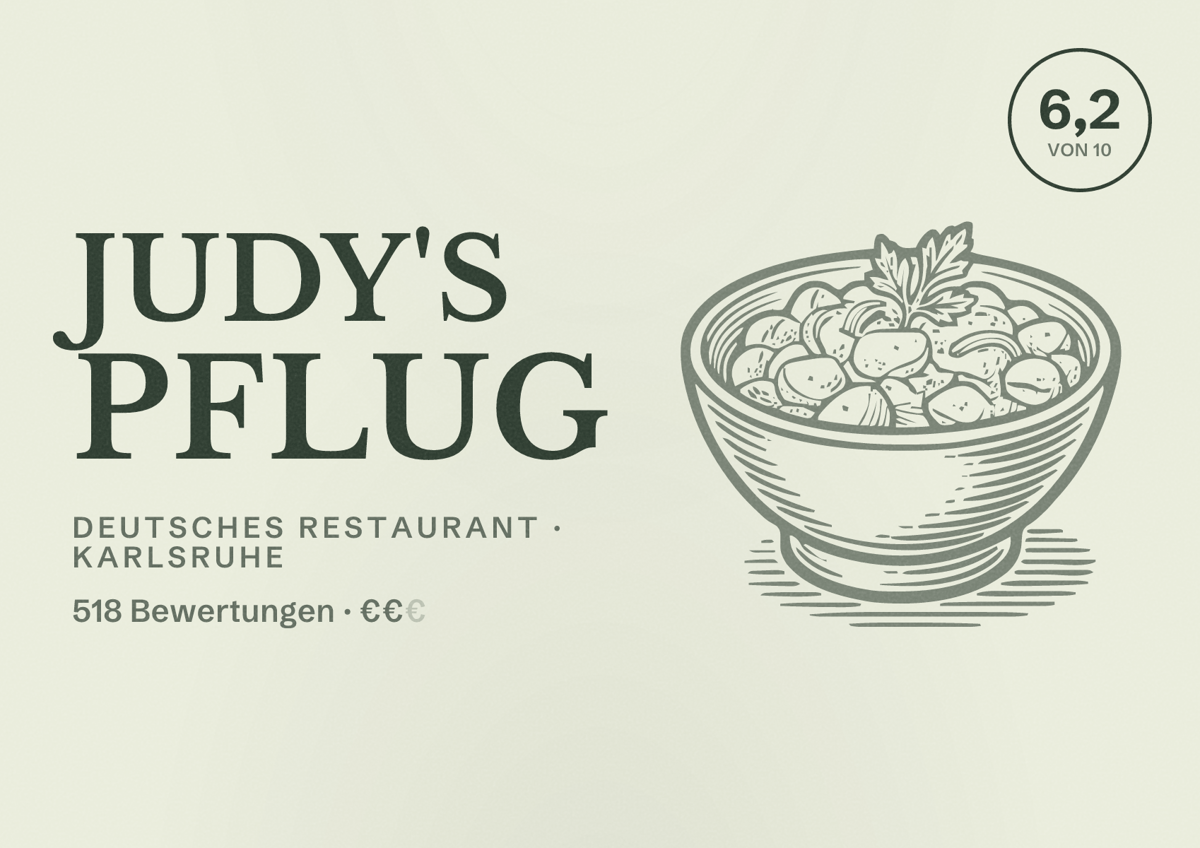 Illustriertes Poster von Judy's Pflug, Deutsches Restaurant in Karlsruhe: Bewertung 6,2 von 10 aus 518 Bewertungen, Preisniveau €€