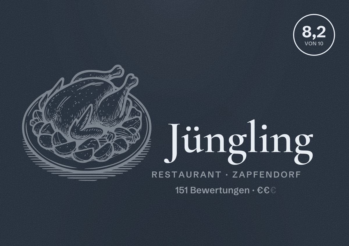 Illustriertes Poster von Jüngling, Restaurant in Zapfendorf: Bewertung 8,2 von 10 aus 151 Bewertungen, Preisniveau €€