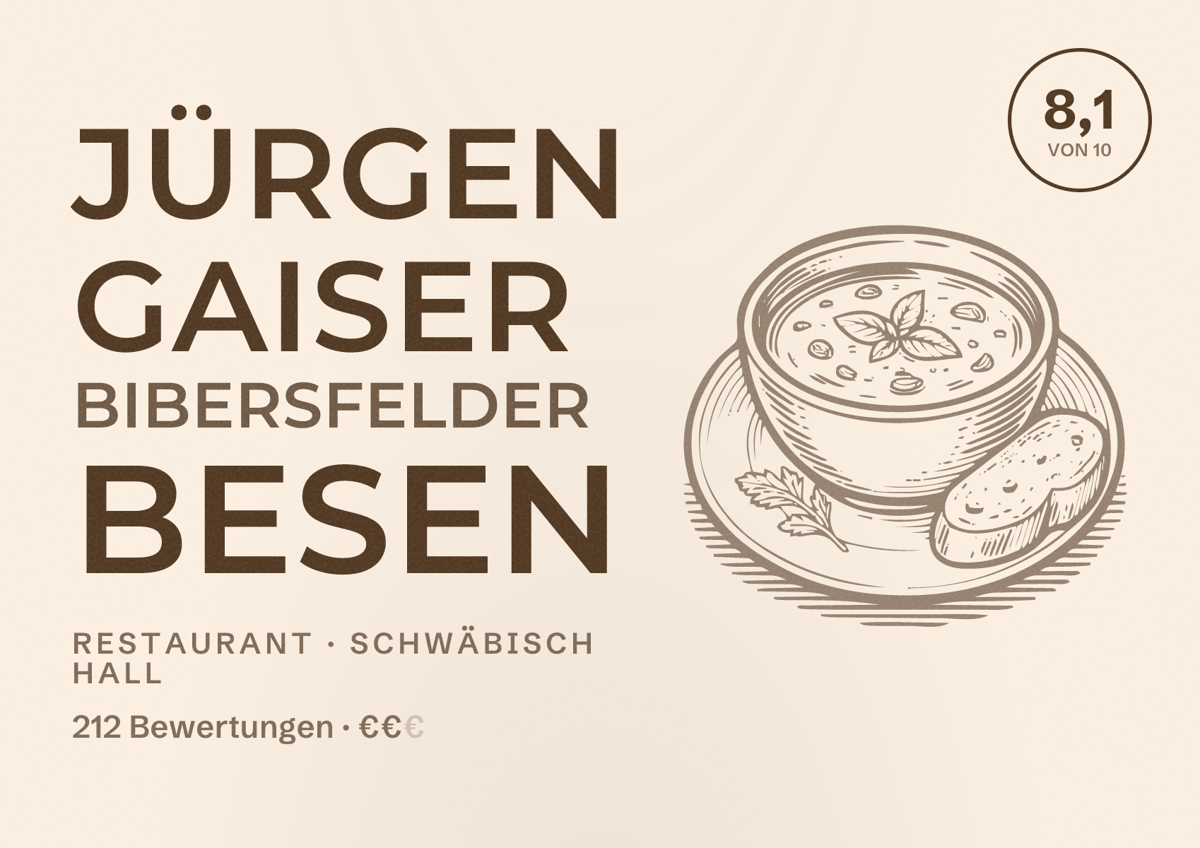 Illustriertes Poster von Jürgen Gaiser Bibersfelder Besen, Restaurant in Schwäbisch Hall: Bewertung 8,1 von 10 aus 212 Bewertungen, Preisniveau €€