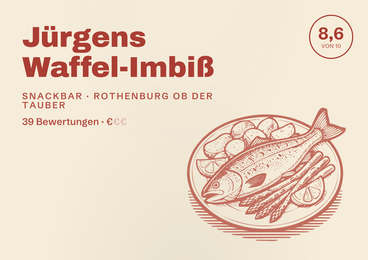 Illustriertes Poster von Jürgens Waffel-Imbiß, Snackbar in Rothenburg ob der Tauber: Bewertung 8,6 von 10 aus 39 Bewertungen, Preisniveau €