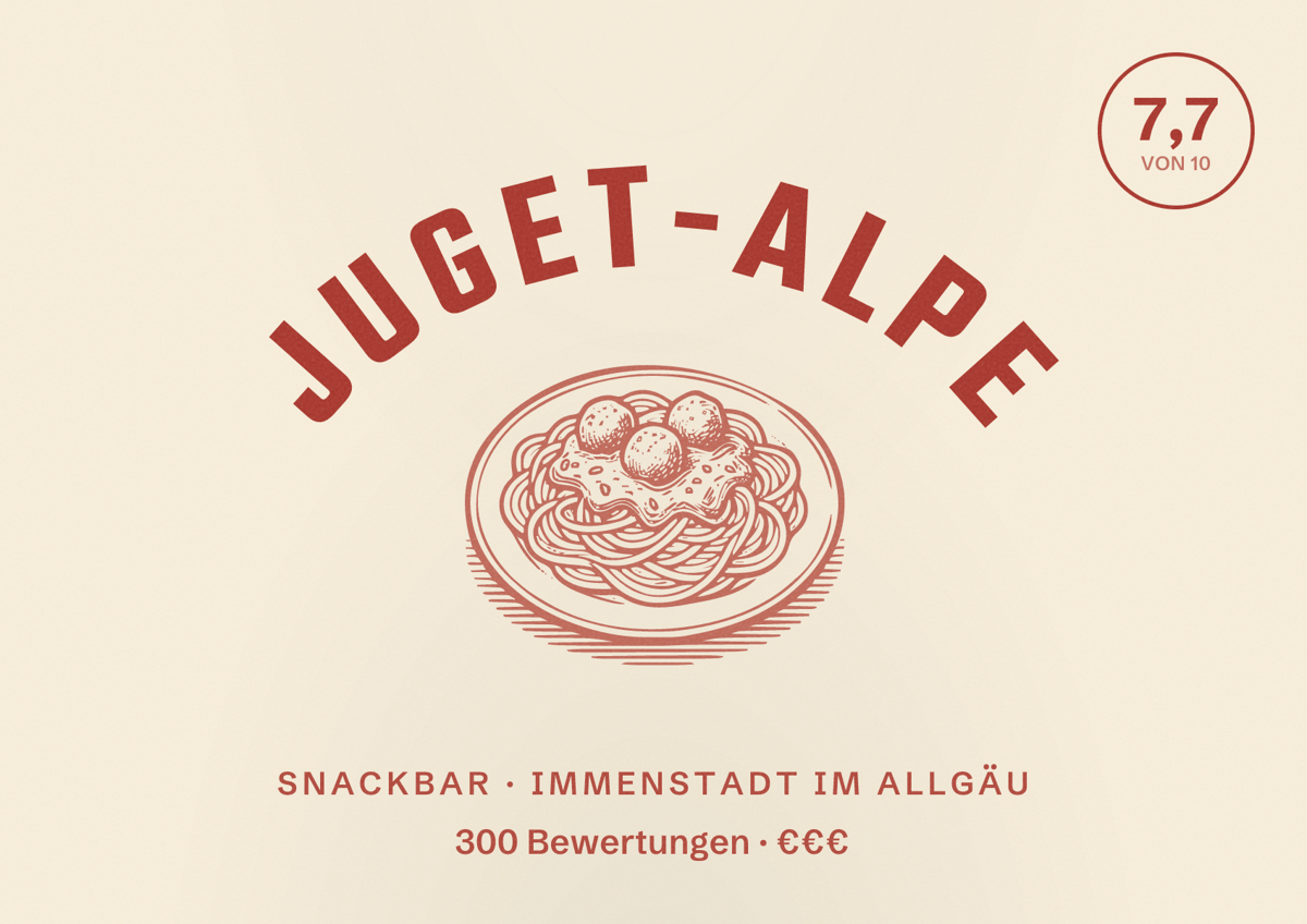 Illustriertes Poster von Juget-Alpe, Snackbar in Immenstadt im Allgäu: Bewertung 7,7 von 10 aus 300 Bewertungen, Preisniveau €€€