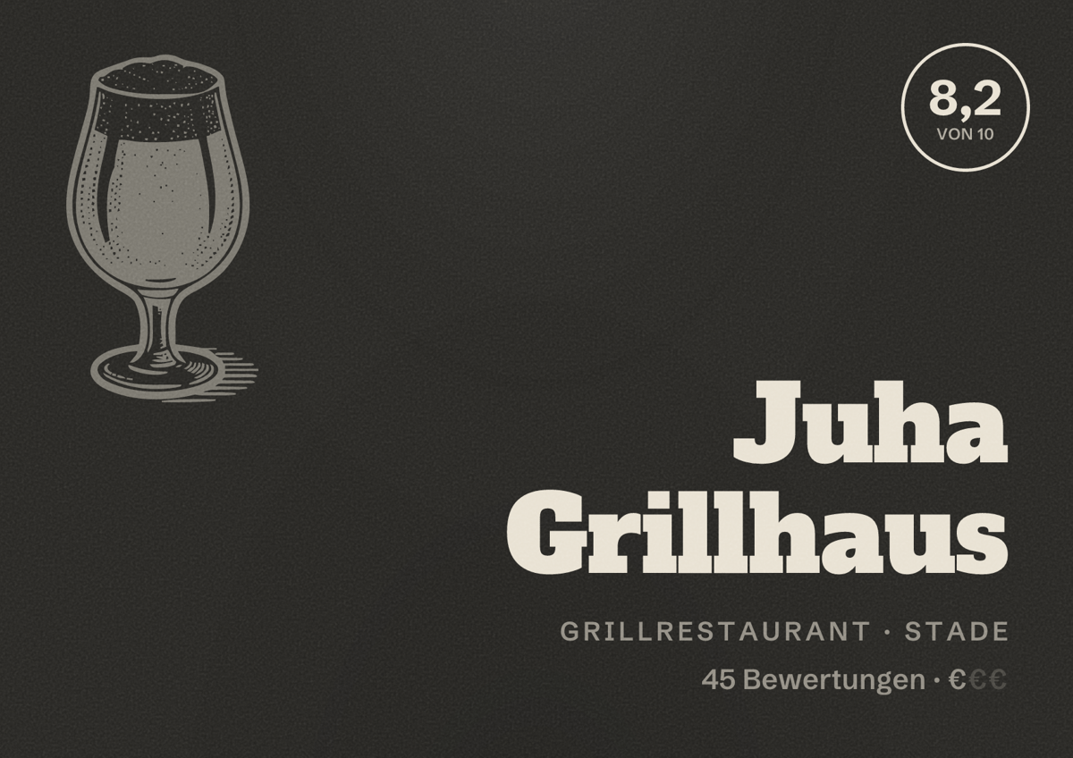Illustriertes Poster von Juha Grillhaus, Grillrestaurant in Stade: Bewertung 8,2 von 10 aus 45 Bewertungen, Preisniveau €