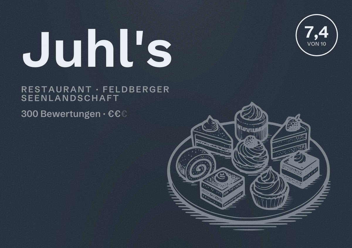 Illustriertes Poster von Juhl's, Restaurant in Feldberger Seenlandschaft: Bewertung 7,4 von 10 aus 300 Bewertungen, Preisniveau €€