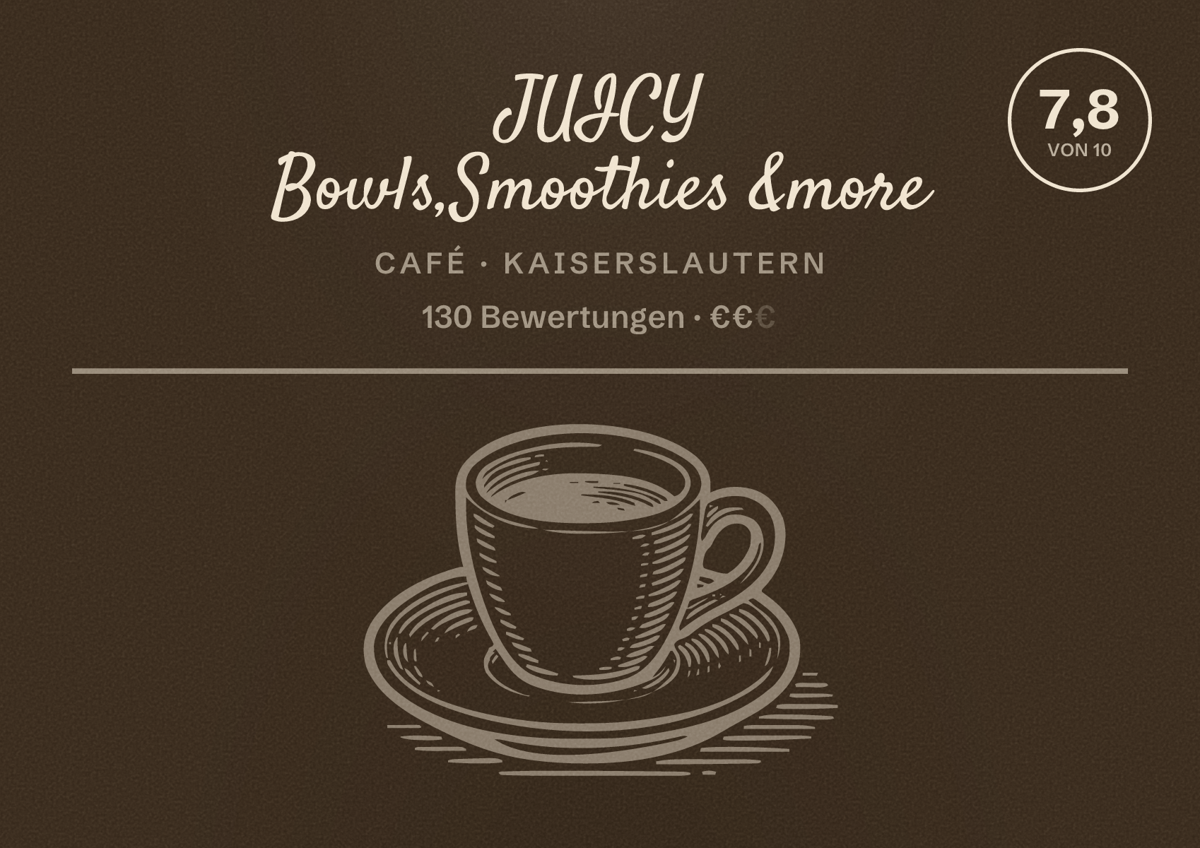 Illustriertes Poster von JUICY Bowls,Smoothies &more, Café in Kaiserslautern: Bewertung 7,8 von 10 aus 130 Bewertungen, Preisniveau €€