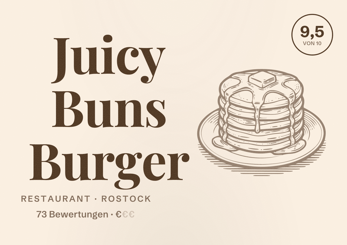 Illustriertes Poster von Juicy Buns Burger, Restaurant in Rostock: Bewertung 9,5 von 10 aus 73 Bewertungen, Preisniveau €