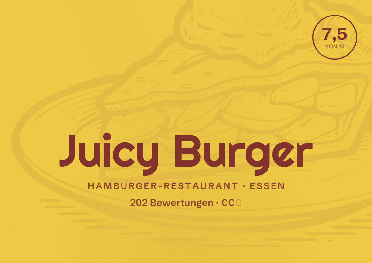 Illustriertes Poster von Juicy Burger, Hamburger-Restaurant in Essen: Bewertung 7,5 von 10 aus 202 Bewertungen, Preisniveau €€