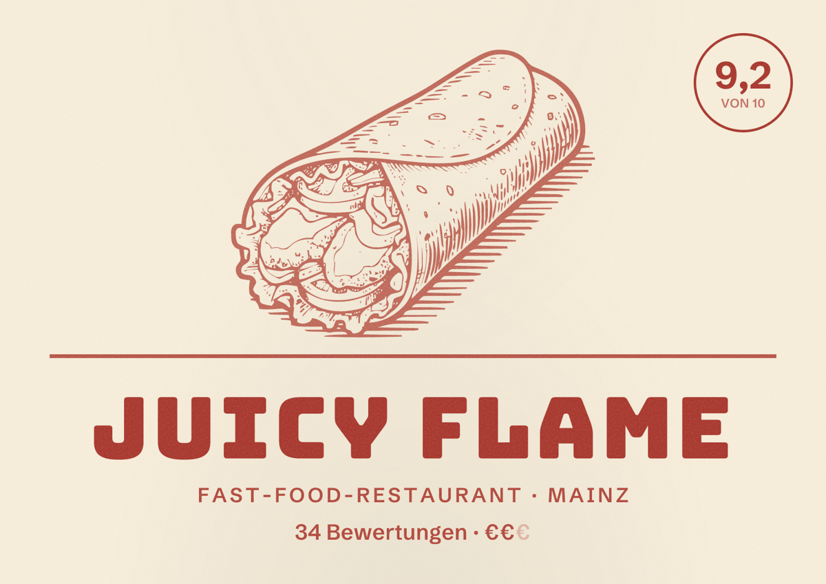 Illustriertes Poster von Juicy Flame, Fast-Food-Restaurant in Mainz: Bewertung 9,2 von 10 aus 34 Bewertungen, Preisniveau €€