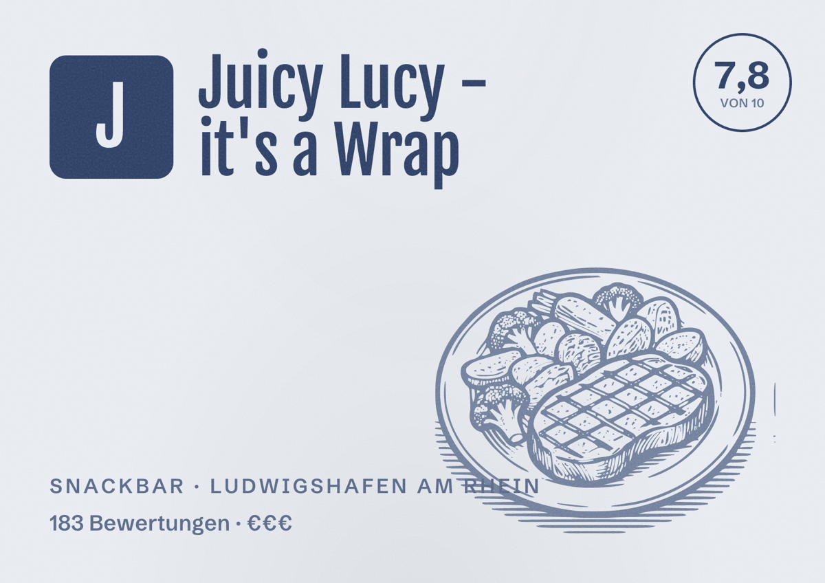 Illustriertes Poster von Juicy Lucy - it's a Wrap, Snackbar in Ludwigshafen am Rhein: Bewertung 7,8 von 10 aus 183 Bewertungen, Preisniveau €€€