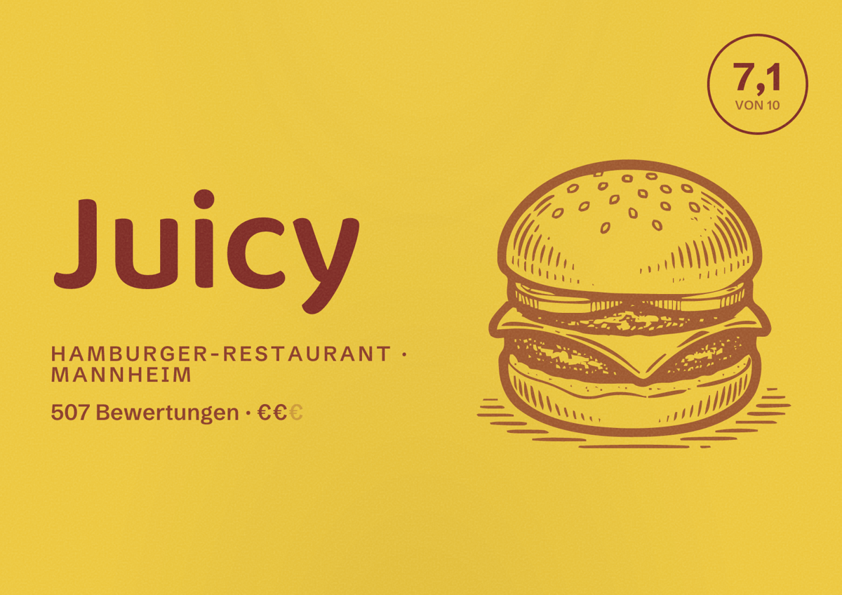 Illustriertes Poster von Juicy, Hamburger-Restaurant in Mannheim: Bewertung 7,1 von 10 aus 507 Bewertungen, Preisniveau €€