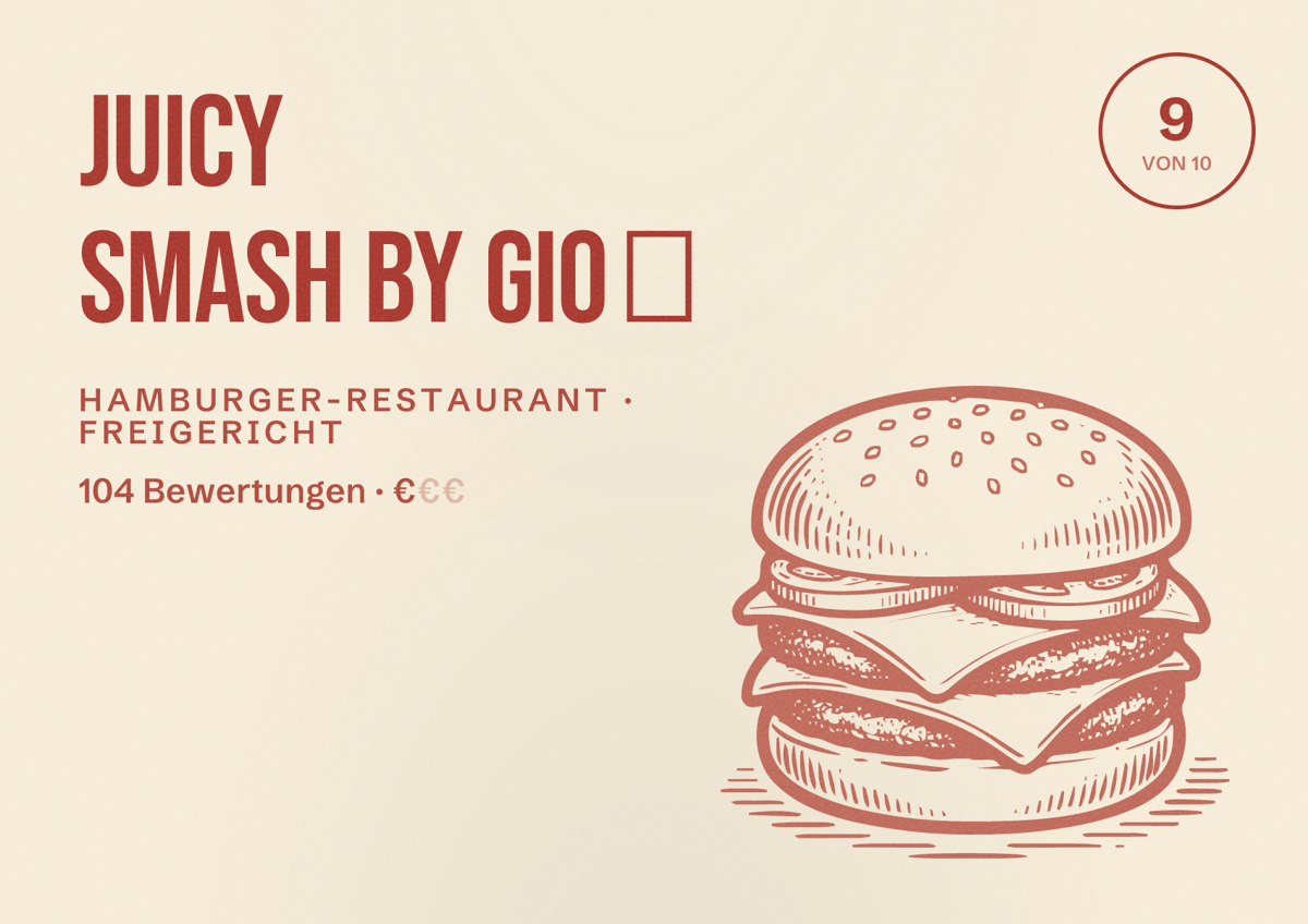 Illustriertes Poster von Juicy Smash by Gio 🍔, Hamburger-Restaurant in Freigericht: Bewertung 9 von 10 aus 104 Bewertungen, Preisniveau €