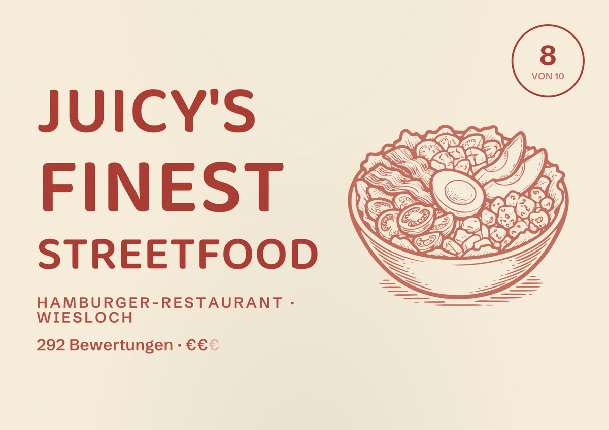 Illustriertes Poster von Juicy's Finest Streetfood, Hamburger-Restaurant in Wiesloch: Bewertung 8 von 10 aus 292 Bewertungen, Preisniveau €€